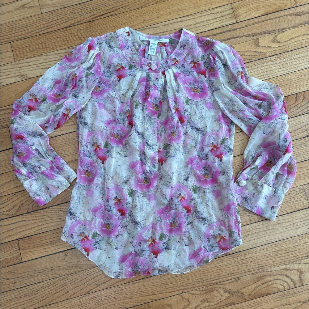 Diane Von Furstenberg pink floral silk semisheer blouse 6